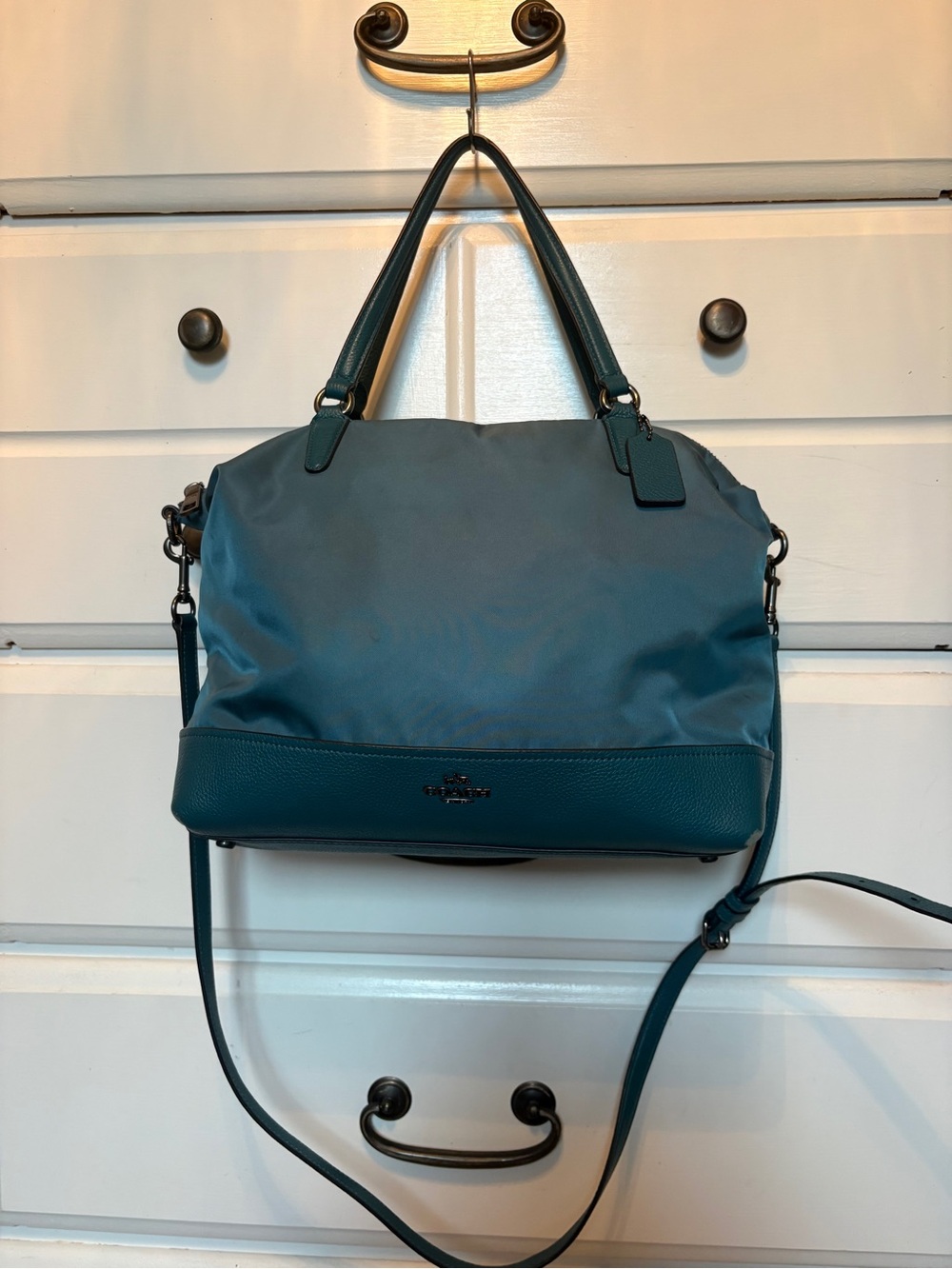 Coach F57902 tote bag in a dark teal nylon and leather combination